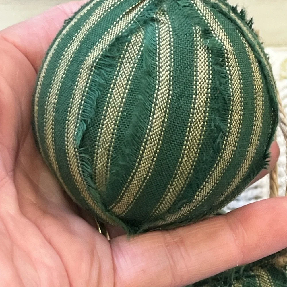 10 Primitive green stripe Fabric RAG BALLS Christmas Ornaments farmhouse decor